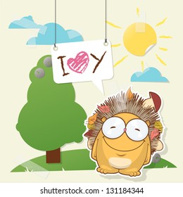 Cute collage from paper with funny hedgehog. Vector illustration.