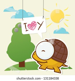 Cute collage from paper with funny turtle. Vector illustration.