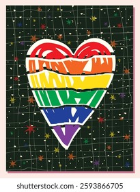Cute collage style rainbow colored vector heart in the LGBT pride flag colors