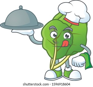 Cute collard greens as a Chef with hat and tray cartoon style design