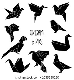 Cute collection with 10 black origami bird silhouettes. Vector set of line geometric birds:  crane, pigeon, parrot, swan, colibri.