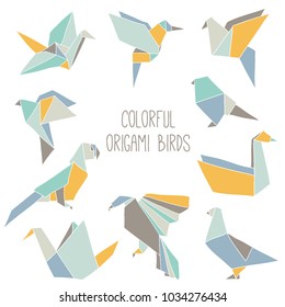 Cute collection with 10 colorful origami birds. Vector set of line geometric birds:  crane, pigeon, parrot, swan, colibri.