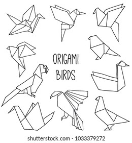 Cute collection with 10 origami birds in a outline. Vector set of line geometric birds:  crane, pigeon, parrot, swan, colibri.