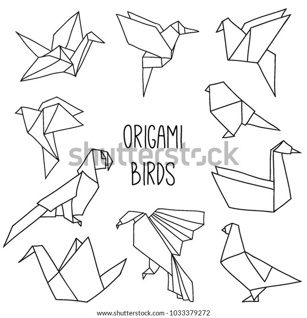 10羽の折り紙の鳥を輪郭にしたかわいいコレクション 線の幾何学的な鳥のベクター画像セット 鶴 ハト オウム 白鳥 コリブリ のベクター画像素材 ロイヤリティフリー