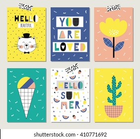 Cute collection of 6 Summer Scandinavian cards. Creative journaling cards. Template for Greeting Cards, Stickers, Labels, Planner, Diary, Notes, Gift Tags, Scrap booking, Congratulations, Invitations.