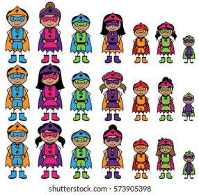 Cute Collection of African American or Hispanic Stick Figure Superheroes or Superhero Families - Vector Format