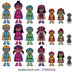 Cute Collection of African American or Hispanic Stick Figure Superheroes or Superhero Families - Vector Format