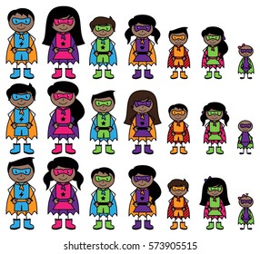 Cute Collection of African American or Hispanic Stick Figure Superheroes or Superhero Families - Vector Format