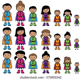 Cute Collection of African American or Hispanic Stick Figure Superheroes or Superhero Families - Vector Format