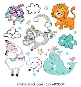 Cute collection of animals isolated. Llama, whale mother with baby, lion, koala and owl