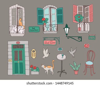 Cute  collection of architectural elements in french style. Lettering on french: Rue Victor Hugo (Street Victor Hugo), Cafe Chat Noir (Black Cat), Tabac (Tobacco)