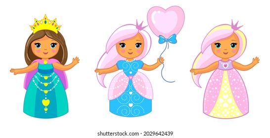 cute collection of beautiful little princesses. vector children's illustration cartoon princess isolated on a white background.