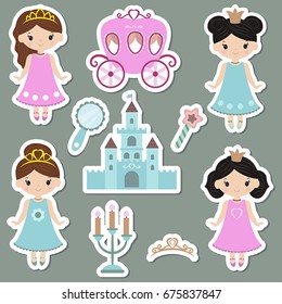 Cute collection of beautiful princess stickers. Princess theme with castle, crown, carriage.