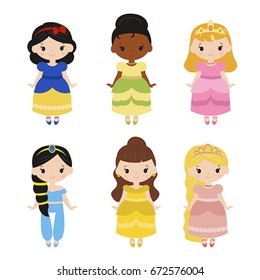 Cute collection of beautiful princesses. White background.