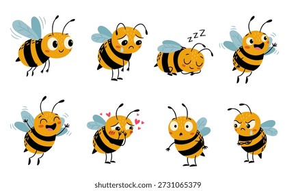 Una linda colección de abejas con diferentes emociones y en diferentes poses. Un conjunto de Ilustraciones vectoriales planas. 
