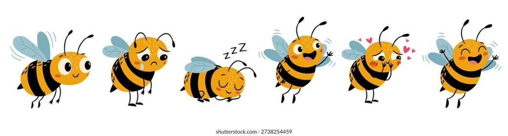 A cute collection of bees with different emotions and in different poses. A set of flat vector illustrations. 