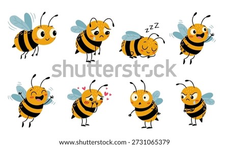 A cute collection of bees with different emotions and in different poses. A set of flat vector illustrations. 