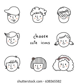 Cute collection of boy and girl face for using as icons or avatars in social network sites such as cute girl with pig tails, smiling boy with eyeglasses, boy with cap and stuck-out tongue, etc.