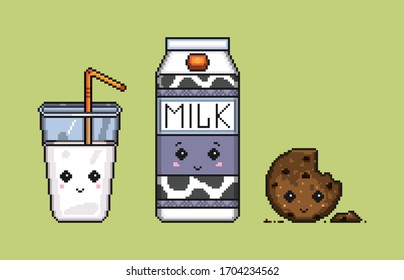 A cute collection of breakfast items in the old pixel style. 8 bit glass of milk, a cardboard box of milk and chocolate chip cookies with cocoa chips for video games. Beautiful vector illustration of 