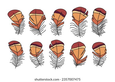 Cuta colección de plumas de pájaro marrón al estilo de las caricaturas. Igual aspecto, diferentes formas. Ilustración del vector