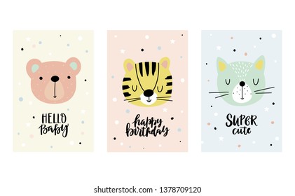 Cute collection of cards with funny animals for baby shower, birthday card, kids and baby t-shirts. Hand drawn nursery illustration.