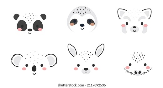 Cute collection of cartoon animal faces. Party decor for children. Childish print for cards, stickers, invitation, nursery decoration. Vector illustration.