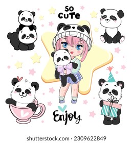 Cute collection with cartoon anime girl and panda toys. Vector illustration print for t-shirt