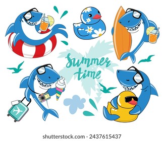 Linda colección con tiburones bebé de dibujos animados. Concepto de verano para niños