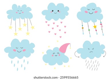 Cute collection of cartoon characters. Clouds: with strings of stars, sleeping in  nightcap, rainy cloud smiling and another angry, with hearts. Six icons isolated on  white background.