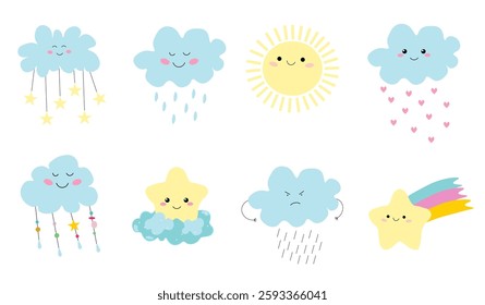 Cute collection of cartoon characters: sun, stars, clouds, rainbow. Walking in  rain. Weather conditions. Average set. Bright colors: yellow, pink, blue. Cheerful mood.