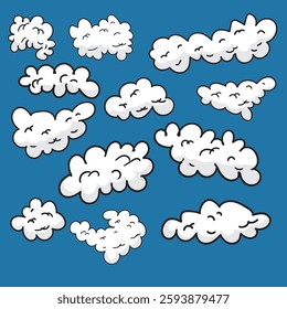 A cute collection of cartoon clouds floating in a blue sky. These fluffy, happy clouds create a playful and dreamy aesthetic, perfect for backgrounds and creative designs.