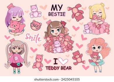 Cute collection with cartoon Funny Chibi little girl  in anime style with pink teddy bear toys. Kawaii style. Vector illustration t-shirt print