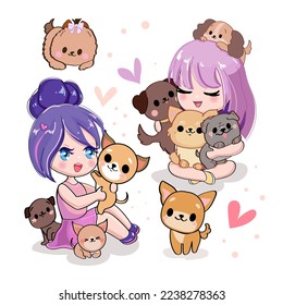 Cute collection with cartoon girls  in anime style with dogs. Kawaii style. Vector illustration t-shirt print