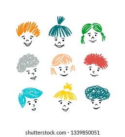Cute Collection Of Cartoon Kids With Smiles And Colorful Hair. Positive Set Of Doodle Faces In Vector.