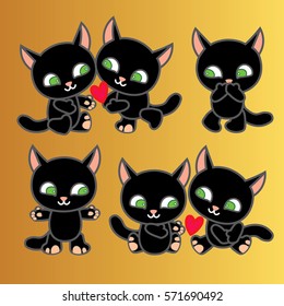 Cute collection of cartoon little black cats. Love kittens, cats in love. Funny amorous scene. Valentines day card on golden background