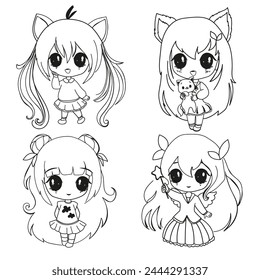 Cute collection cartoon one line girls in anime style. Vector illustration chibi girl for children coloring book t-shirt print on a white background isolated