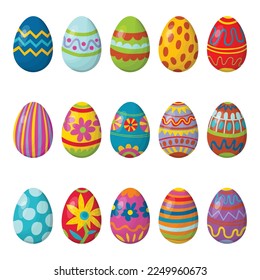 Cuta colección de dibujos animados ornamentales Huevos felices de Pascua aislados de fondo blanco. Equipo de imágenes prediseñadas de vacaciones de primavera. Huevos con líneas de zag zig, puntos, rayados, con flores, punto de polka.