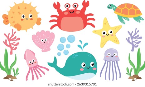 A cute collection of cartoon sea animals. Vector set with a whale, crab, turtle, fish, and jellyfish. Funny underwater characters perfect for children's designs, baby shower invitations, and nursery