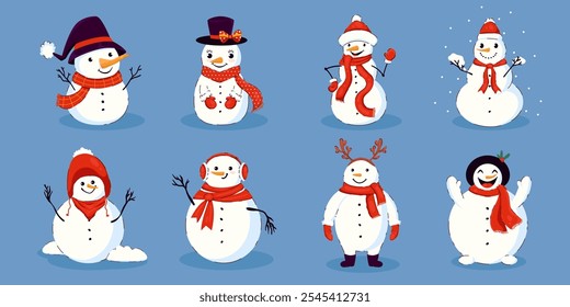 Cute Collection of Cartoon Snowman Icons, decorated with Scarfs, Hats and Gloves. Funny simple Christmas characters isolated on blue background in hand drawn flat style. 