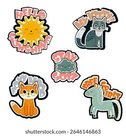 A cute collection of cartoon stickers featuring a smiling sun "Hello Sunshine", a fluffy cloud "Stay Soft", a fox "Foxy Mood", a horse "Free Spirit", and a cat "My Kitty!". Perfect for kids, planners,