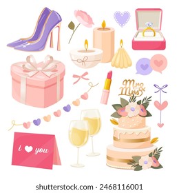 Cute collection of cartoon vector wedding elements includes high heels shoes, holiday cake, gift box, candles, lipstick, champagne glasses.