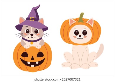 Cute collection of cats with Halloween costumes. Halloween cats. Vector illustration.