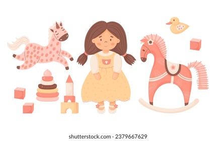 Juguetes de colección de niños. Niña pequeña con ponitails en vestido, juguete de muñecas, caballo mecedor, cubos, juguete suave de unicornio, pato y pirámide. Ilustración vectorial. Elementos de niños aislados en estilo de caricatura