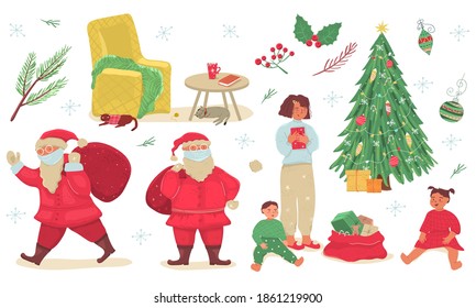 Cute collection of Christmas elements. New Year's characters dedicated to the winter holidays. Santa Claus, Christmas tree, children, presents etc. Cute hand drawn vector illustration.
