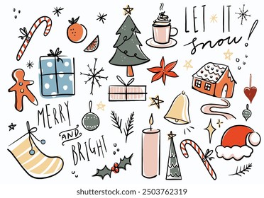 cute collection of christmas items and winter symbols. Festive, colored illustrations including candy canes, presents, baubles and more