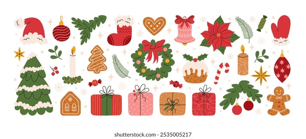 Linda colección de Navidades y Elementos de Nuevo año. Conjunto dibujado a mano de decoraciones tradicionales de invierno. Árbol de Navidad, cajas de regalo, corona, campana, acebo, velas, pan de jengibre. Ilustración plana de Vector.