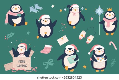Cute Collection of Christmas Penguin Characters Preparing for Holiday. Mischief Hand Drawn Vector Set