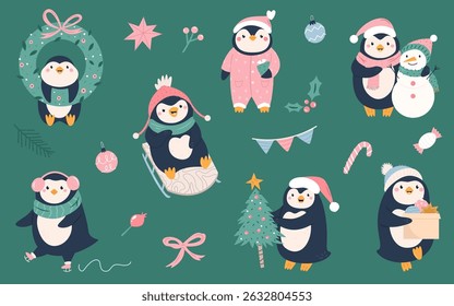 Cute Collection of Christmas Penguin Characters Preparing for Holiday. Mischief Hand Drawn Vector Set