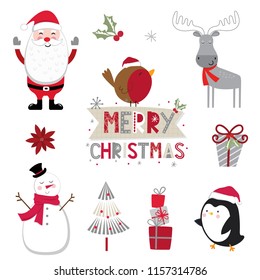 Cute collection christmas sets. cute characters, santa clause, moose, reindeer, penguin, snowman, robin, tree, gift, poinsettia, decorative lettering merry Christmas word. with red, grey, silver color