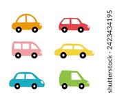 Cute collection colorful cars isolated on a white background. Icons in hand drawn style for design of children's rooms, clothing, textiles. Vector illustration